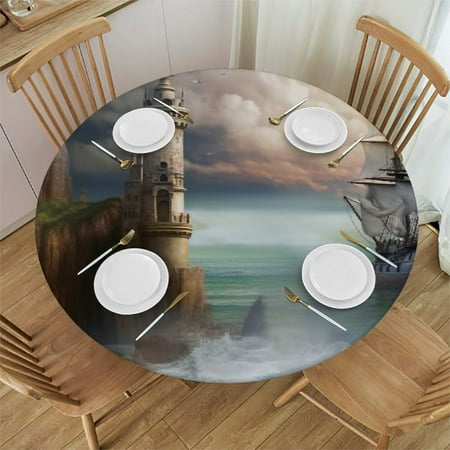 

Orinice Castle Ocean Ship Round Table Cover Stain Resistant Washable Indoor Outdoor Tablecloth Kitchen Dining Wedding Parties Waterproof 100% Polyester Fiber 54-58