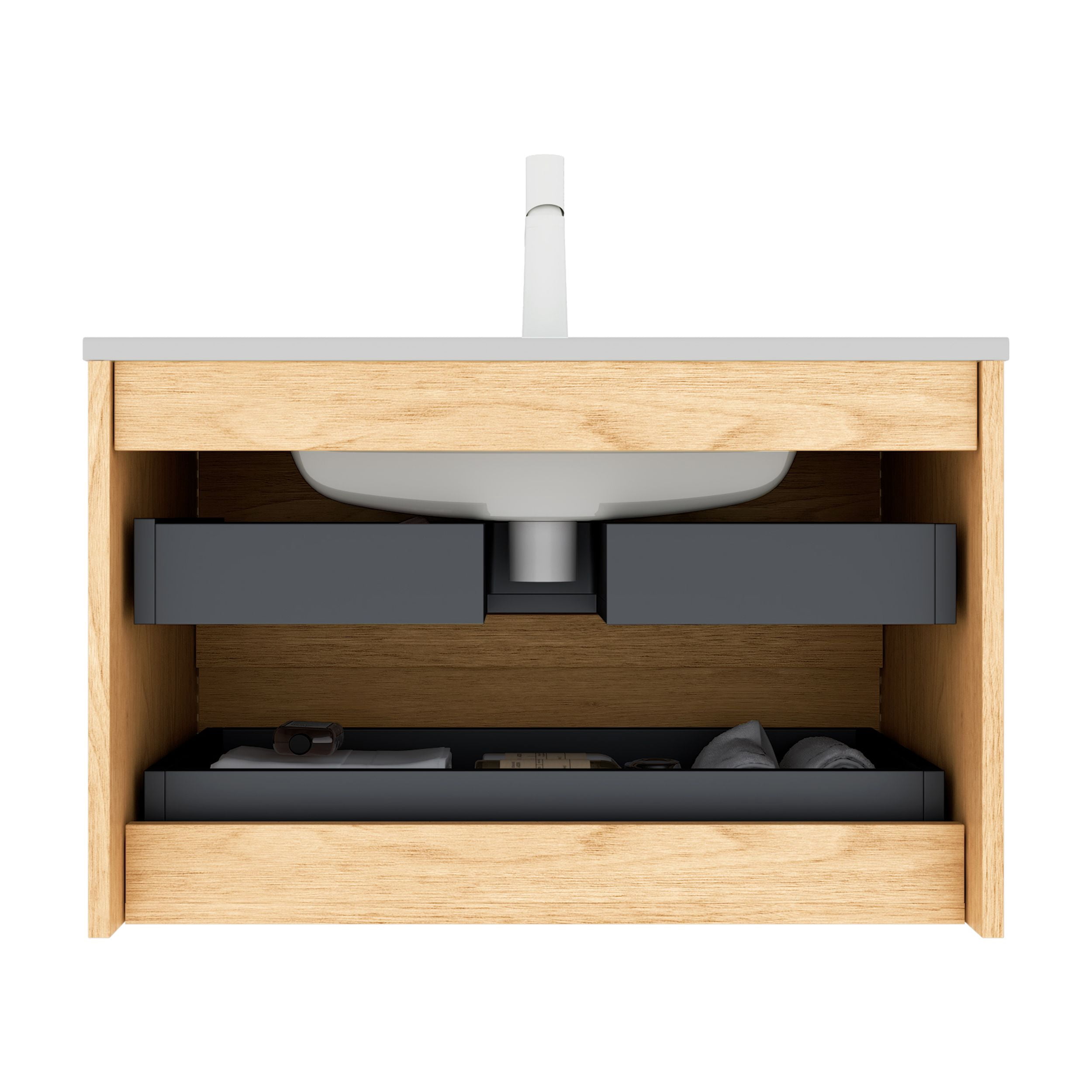 30" Bathroom Vanity with Sink, Wall-Mounted Floating Plywood Bathroom Storage Cabinet with Drawers, White Ceramic Basin, Pre-assembled, Corolla Oak Woodgrain Color