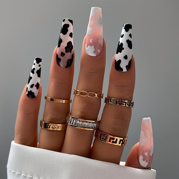 24-Piece Press on Nails Set - Chic Cream, White, and Black for Effortless Nail Art