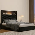 thumbnail image 3 of Pinovk Full Size Velvet Tufted Soft Bed Frame with USB Port and Night Light,52''High Headboard with Rivet Decoration,Wing-back Platform Bed with Headboard Shelf,Black, 3 of 21