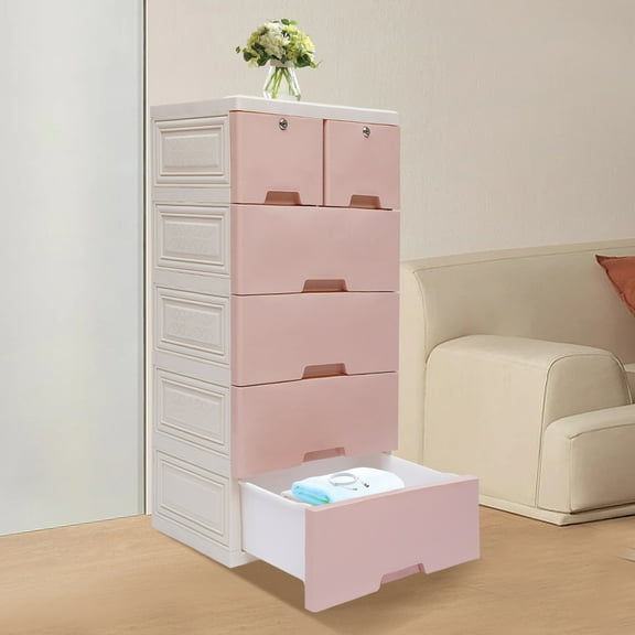 5-Tier Plastic Drawers Dresser with Lock Storage Dresser with 6 Drawers Movable Tower Storage Furniture