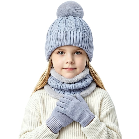 3 Pcs Kids Winter Hat Scarf Gloves Set Boys Girls Knit Fleece Lined Thick Thermal Sets for Outdoor Play Ski Wear Gray 2-10 Years