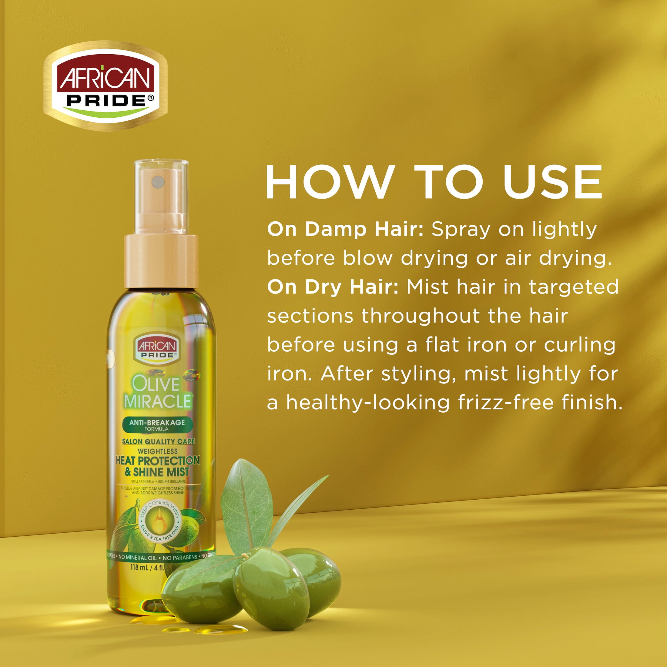 (2 pack) African Pride Olive Miracle Anti-Breakage Heat Protection Shine Mist Hair Spray, 4 fl oz, Female, All Hair