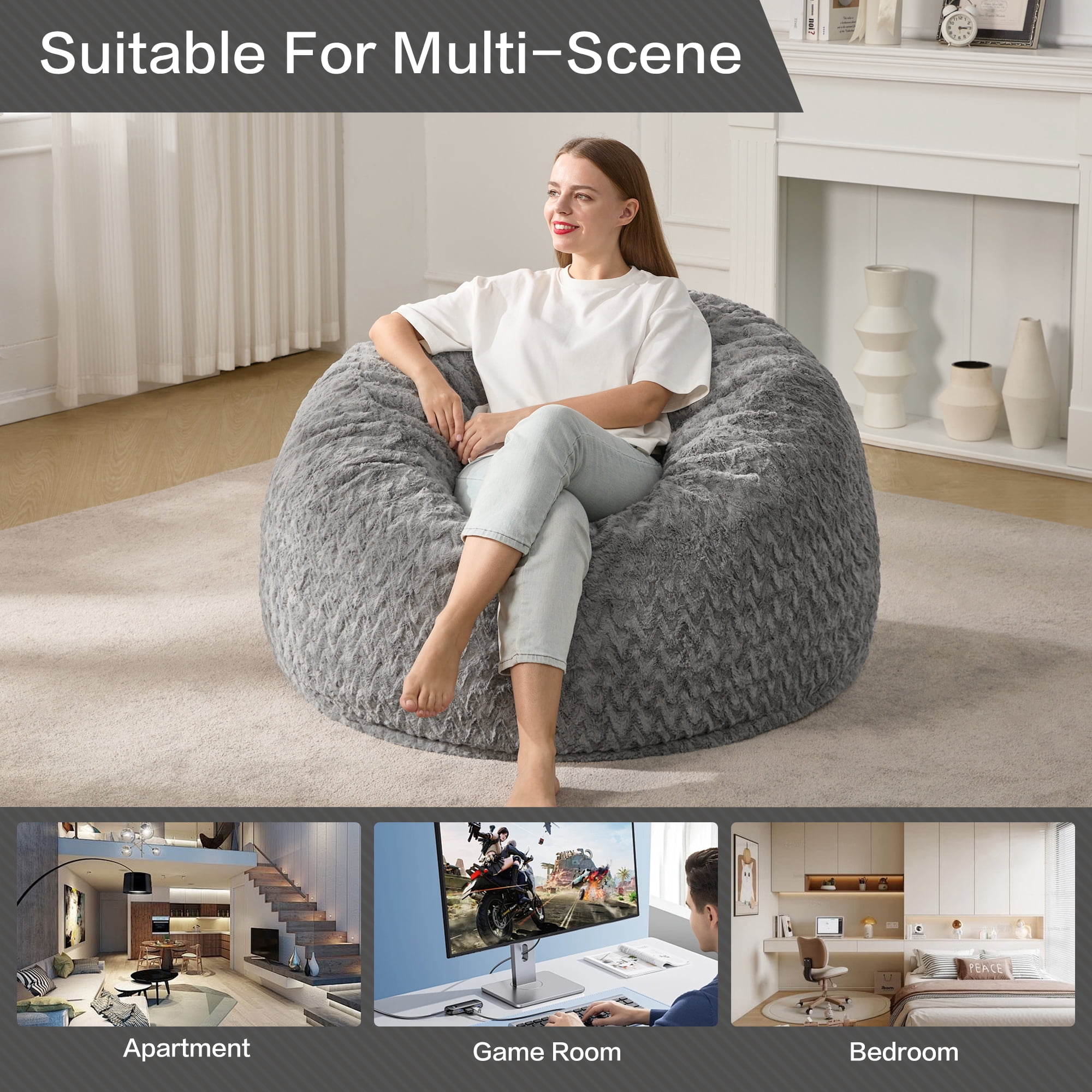 Hobestluk 3ft Bean Bag Chairs for Adults Large Beanbag Chair with Chevron Plush Fur Cover Big Bean Bag Chair for Living Room Bedroom Dorm Office - Grey (36” x 36” x 22”)