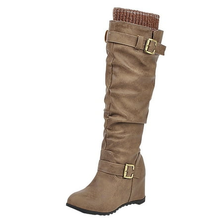 

jsaierl Women s Slip-On Wedges Knee Bare Boots Square Heel Casual Middle Booties