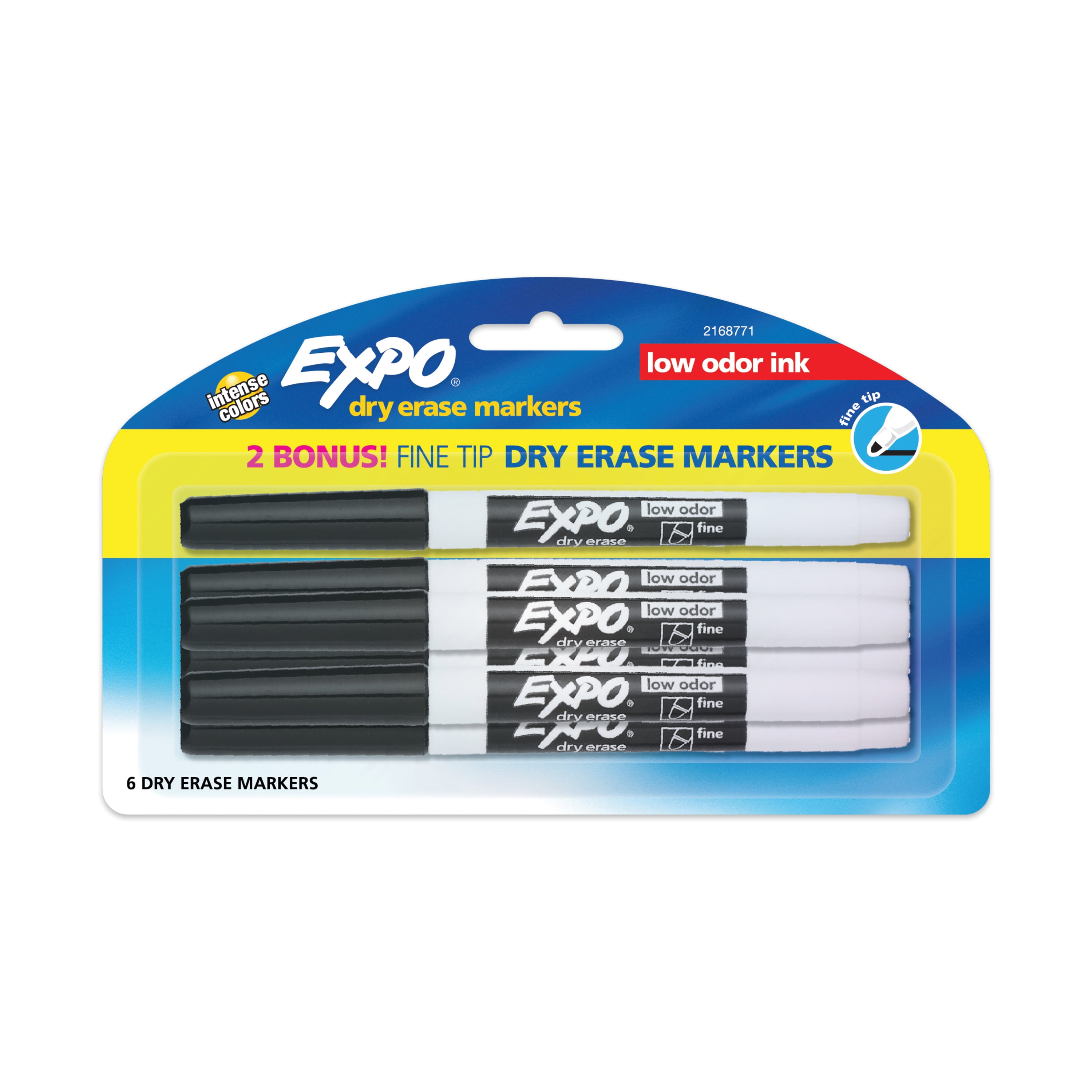 Expo Low Odor Dry Erase Markers, Fine Tip, Black, Includes 2 Bonus Markers, 6 Count