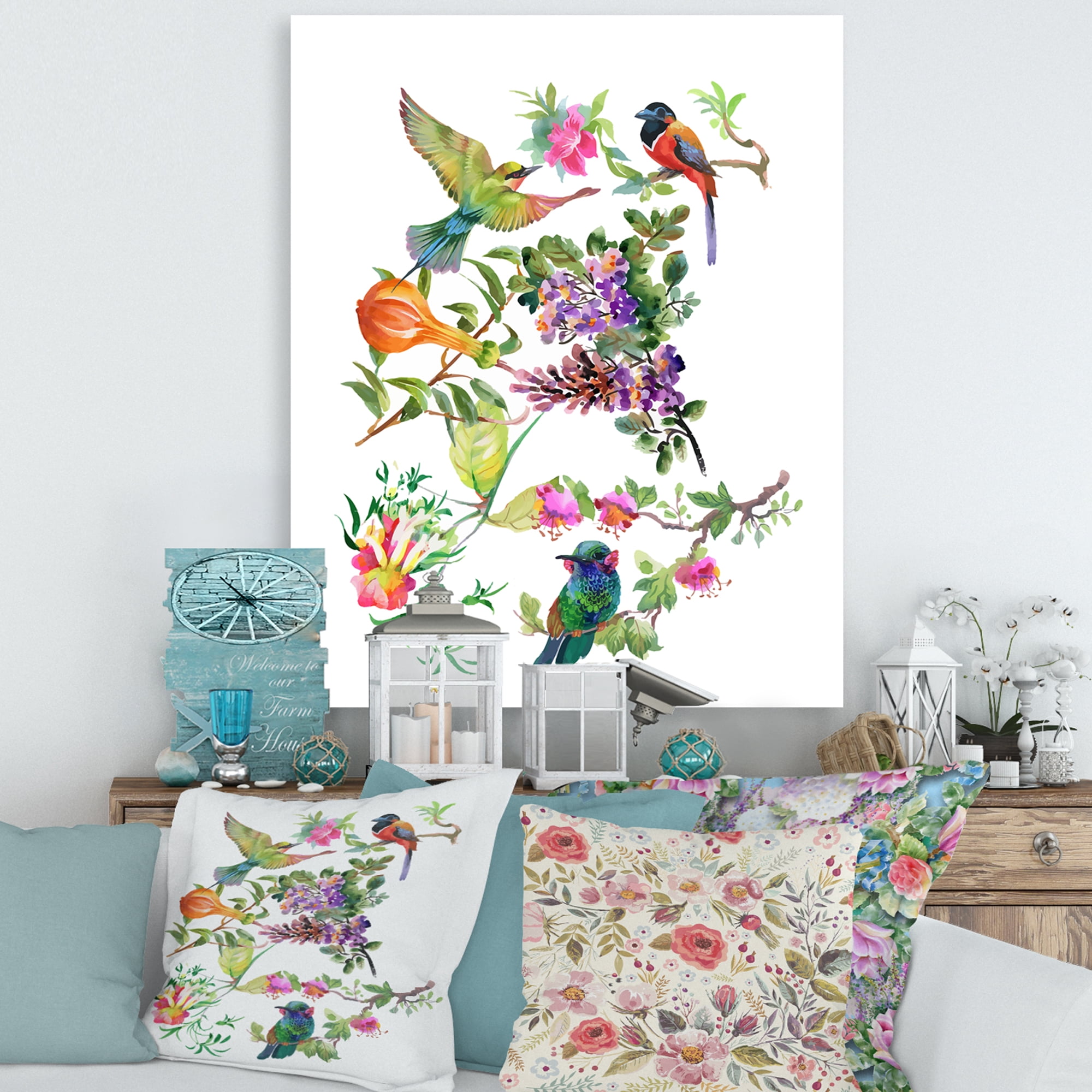 Designart ' Colourful Birds and Tropical Flowers II ' Traditional Canvas Wall Art Print