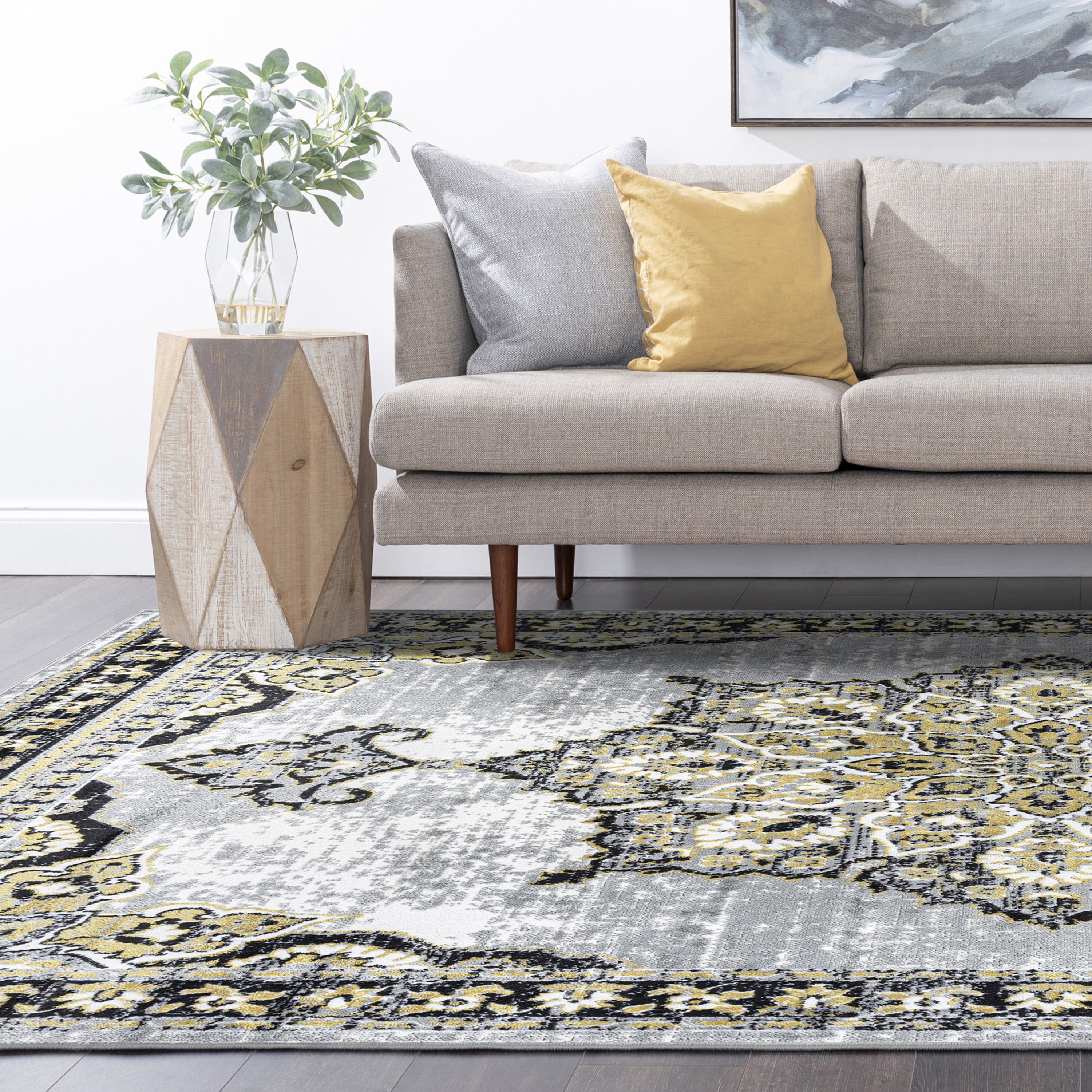 Traditional 5x8 Area Rug (5'3'' x 7'3'') Oriental Yellow, Gray Living Room Easy to Clean