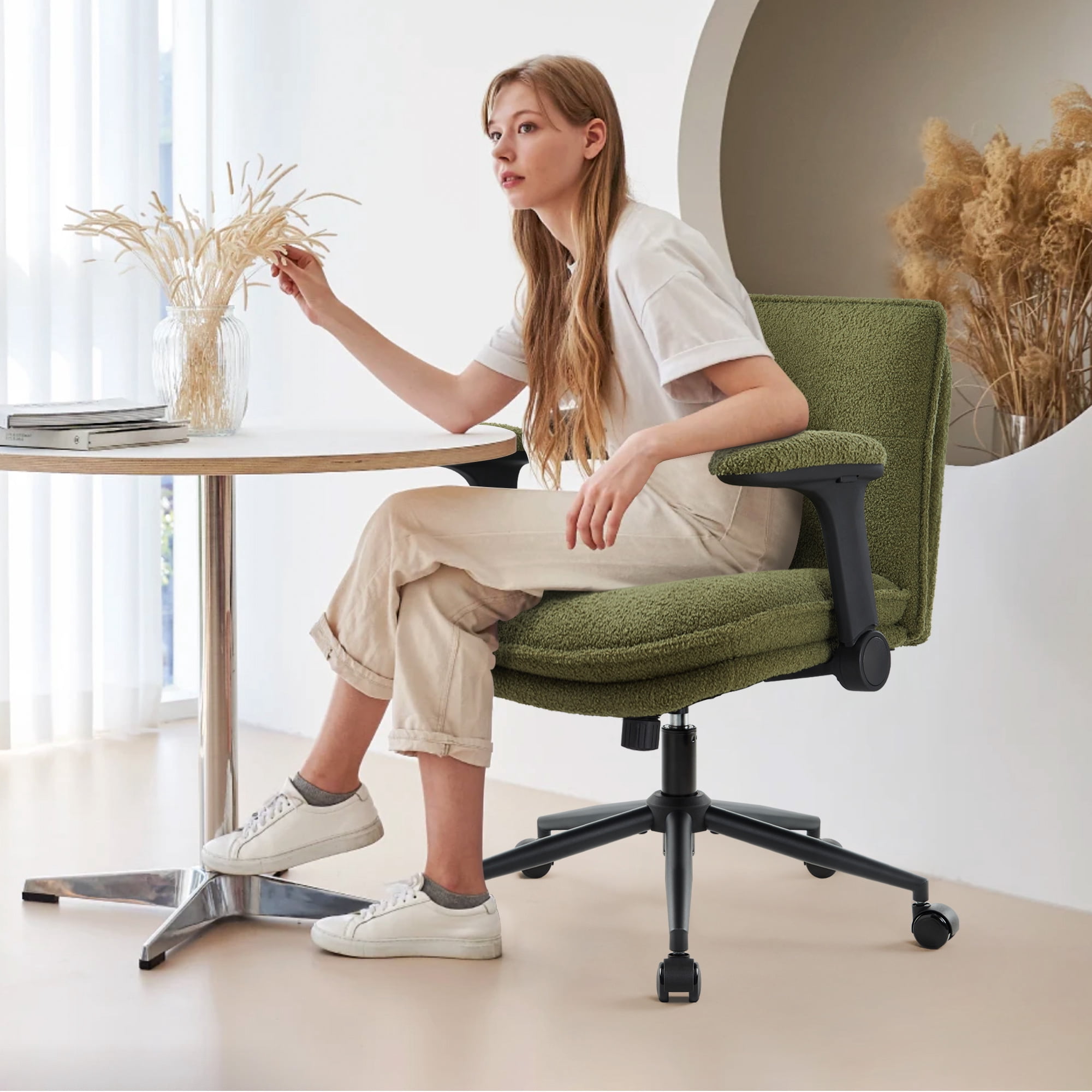 Criss Cross Chair with Wheels and Flip-Up Arms,Cross Legged Office Chair, Ergonomic Desk Chairs with Fabric Padded, Height Adjustable Wide Seat Swivel Chair for Home Office, Bedroom Vanity