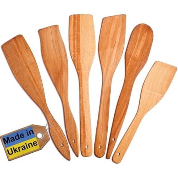 6 Wooden Spoons for Cooking – Made in Ukraine 100% Natural Healthy Nonstick Wooden Spatula Spoons - Premium Solid Wood Cooking Utensils Set - Strong, Durable Eco Hardwood Beechwood Spoons Set