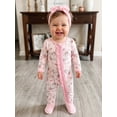 thumbnail image 6 of BemeyourBBs Newborn Baby Girl Duck Goose Outfit Infant Baby Girl Spring Summer Fall Winter Clothes Footed Romper Cute Duck Flower Bow Print Ruffled Trim Zipper Long Sleeve Footie Jumpsuit Headband, 6 of 9