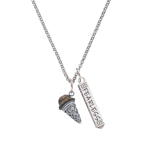Delight Jewelry Silvertone 3-D Resin Chocolate Ice Cream Cone with Crystals Silvertone Fearless Bar Charm Necklace, 23"
