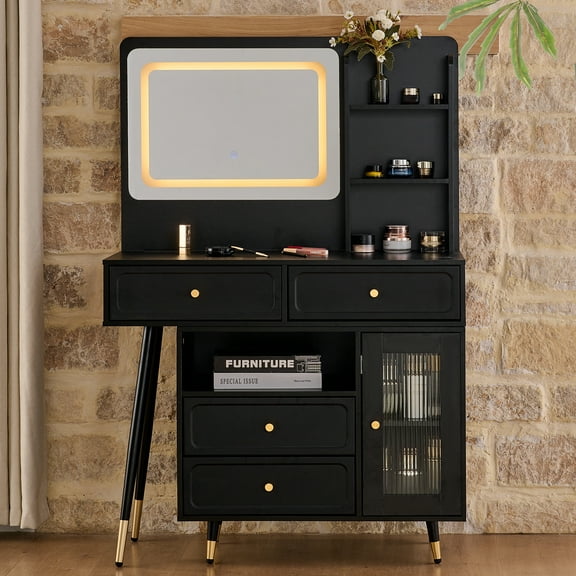 Yoneston Vanity Set with LED Lighted Mirror, 4 Storage Drawers, Movable Cabinet & Upholstered Stool, Makeup Table Set with Charging Station for Bedroom, Black