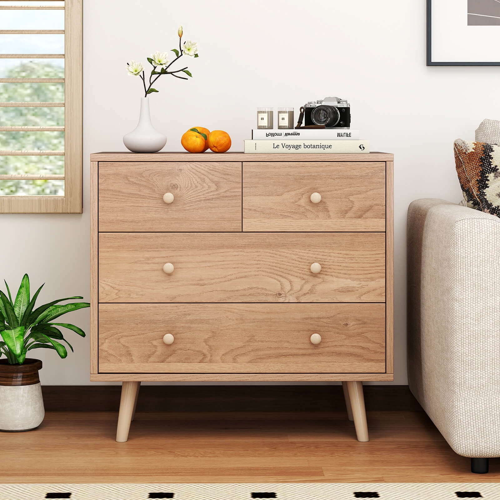 Costway 4 Drawer Dresser for Bedroom Wide Chest of Drawers with Metal Guide Rails Natural