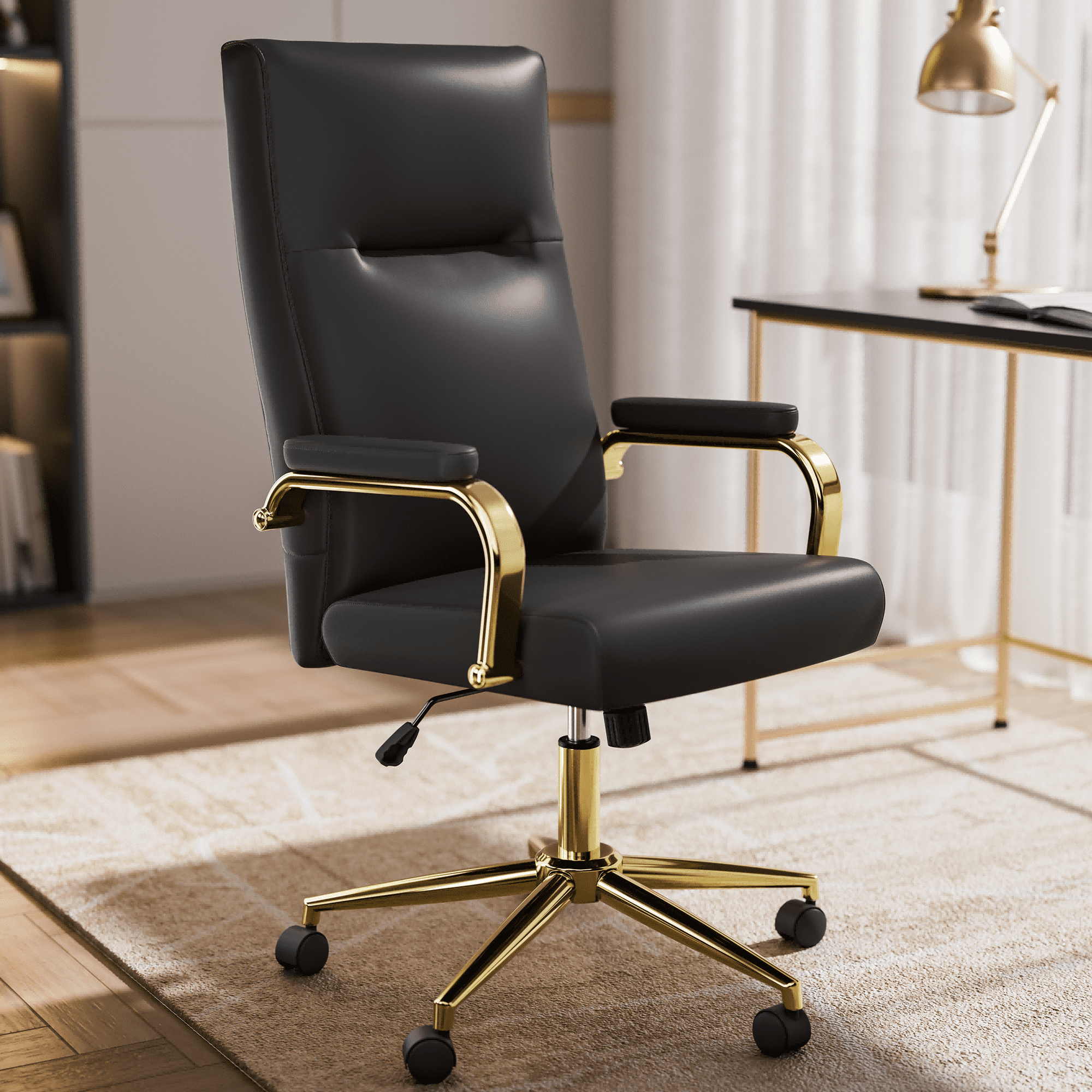 HomeZeer Black and Gold Office Chair, Swivel High Back Executive Office Chair with Wheels and Arms, Memory Foam Leather Adjustable Height Computer Desk Chairs for Home Office