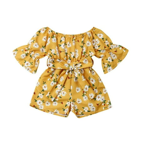 

Baby Girls Bodysuit Off-Shoulder Belt Floral Printed Flare Newborn Kids Children Cartoon Fashion Outwear Streetwear Spring Summer Rompers Jumpsuits