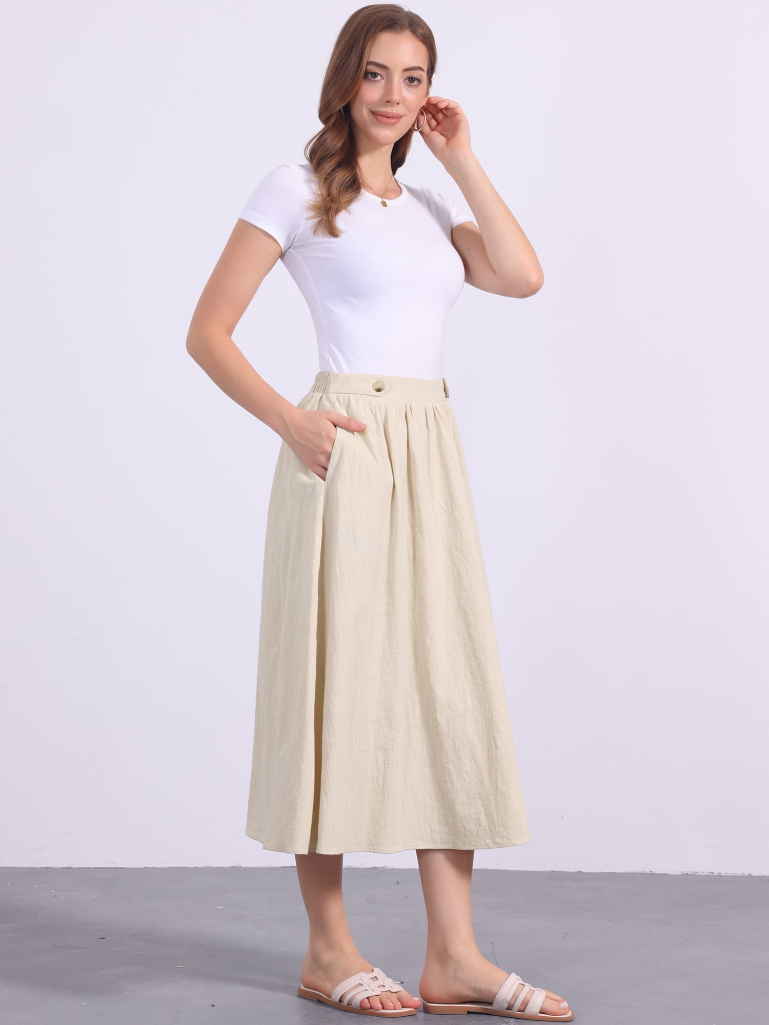 DARING DIVA Women's Elastic Waist A Line Casual Summer Midi Skirt with Pockets S Khaki