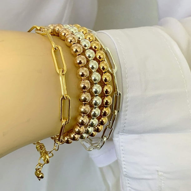 Bracelet Femme Elastique Perles d'Ebènes et Trois Anneaux de Larimar