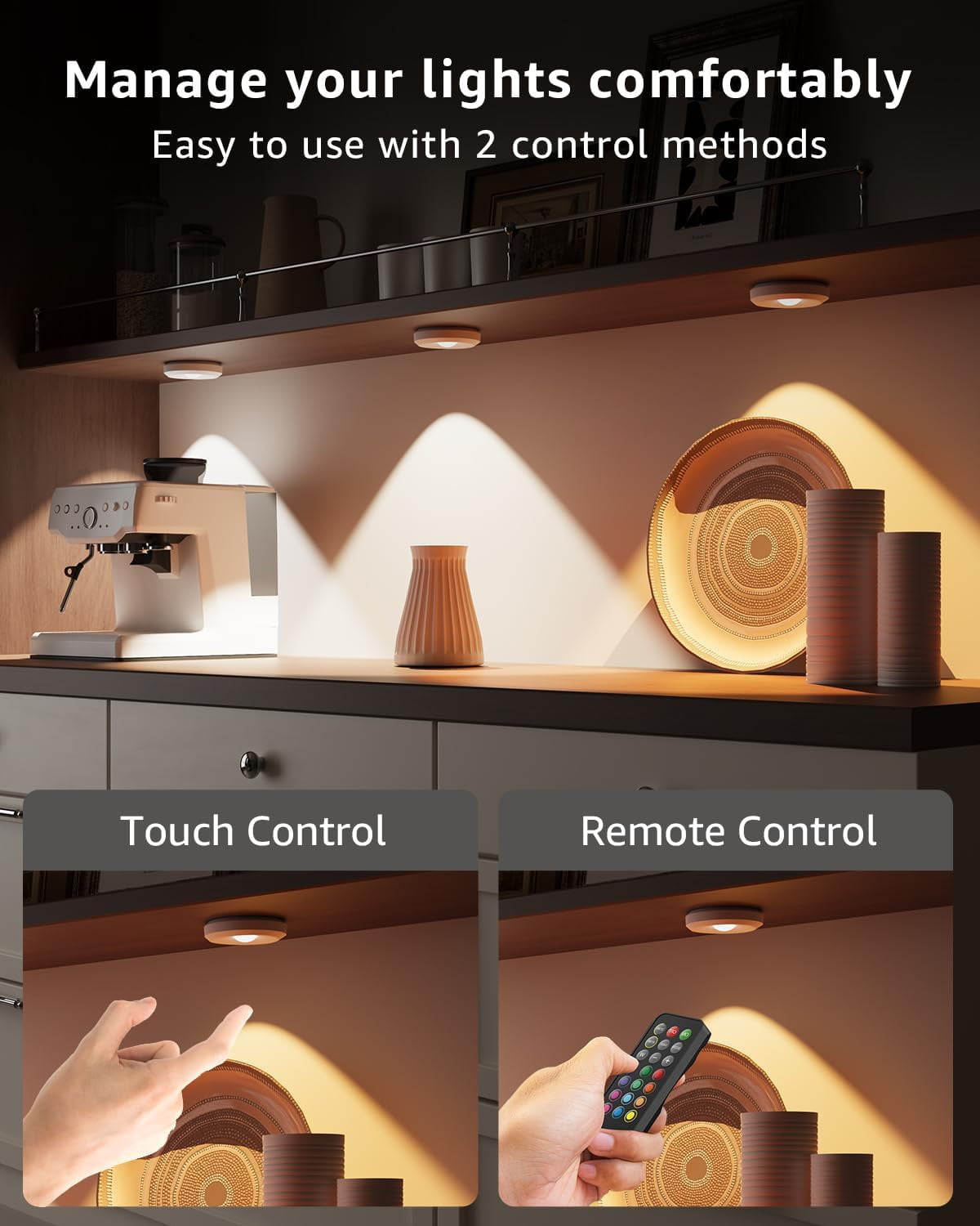 JJEAN-USB Rechargeable LED Puck Lights with Remote Control, 2400mAh Battery Operated Push Lights Stick On Magnetic Closet Tap Light Wireless Kitchen Under Cabinet Touch Lighting Shelf Press Button Li