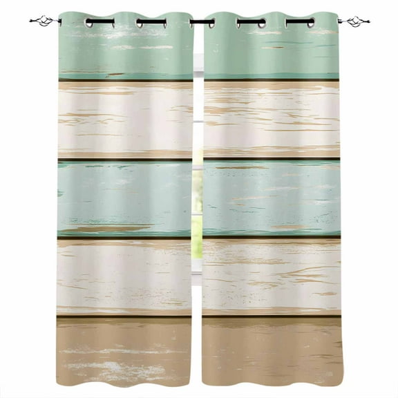 Fsddascl Teal Green Wood Grain Blackout Curtains for Bedroom/Living Room, Thermal Insulated Kitchen Curtains, Vintage Country Shabby Stripes Grommet Darkening Window Treatment Drapes 42"x54"x2