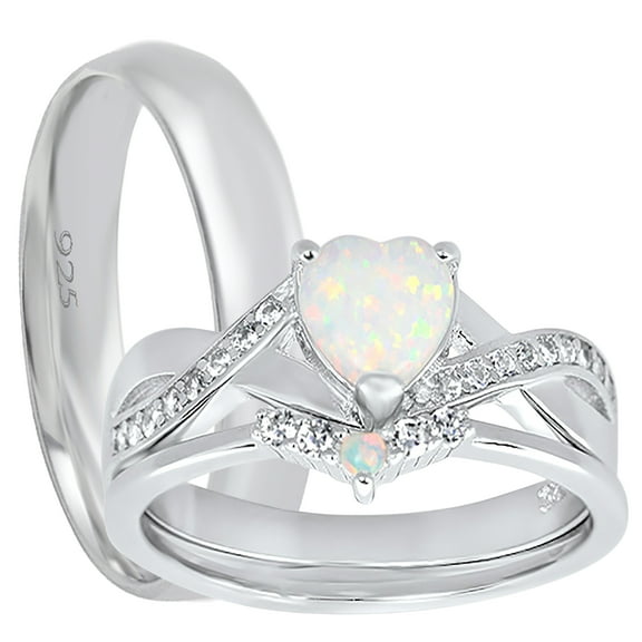 LaRaso Co His Her Wedding Ring Set 3 Piece Trio Opal Silver Titanium Couples Bands 10 10