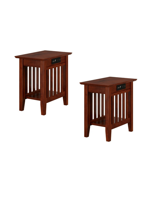 AFI Mission Solid Hardwood Side Table with USB Charger Set of 2 Walnut