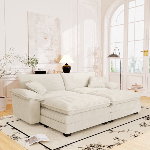 Muumblus Comfy Modular Sectional Sofa with 2 Ottoman, Deep Seat 80.5" Modern Oversized Corduroy Cloud Couch, Fluffy Deep Seat Chaise Lounge Sleeper Sofa for Living Room Apartment, White