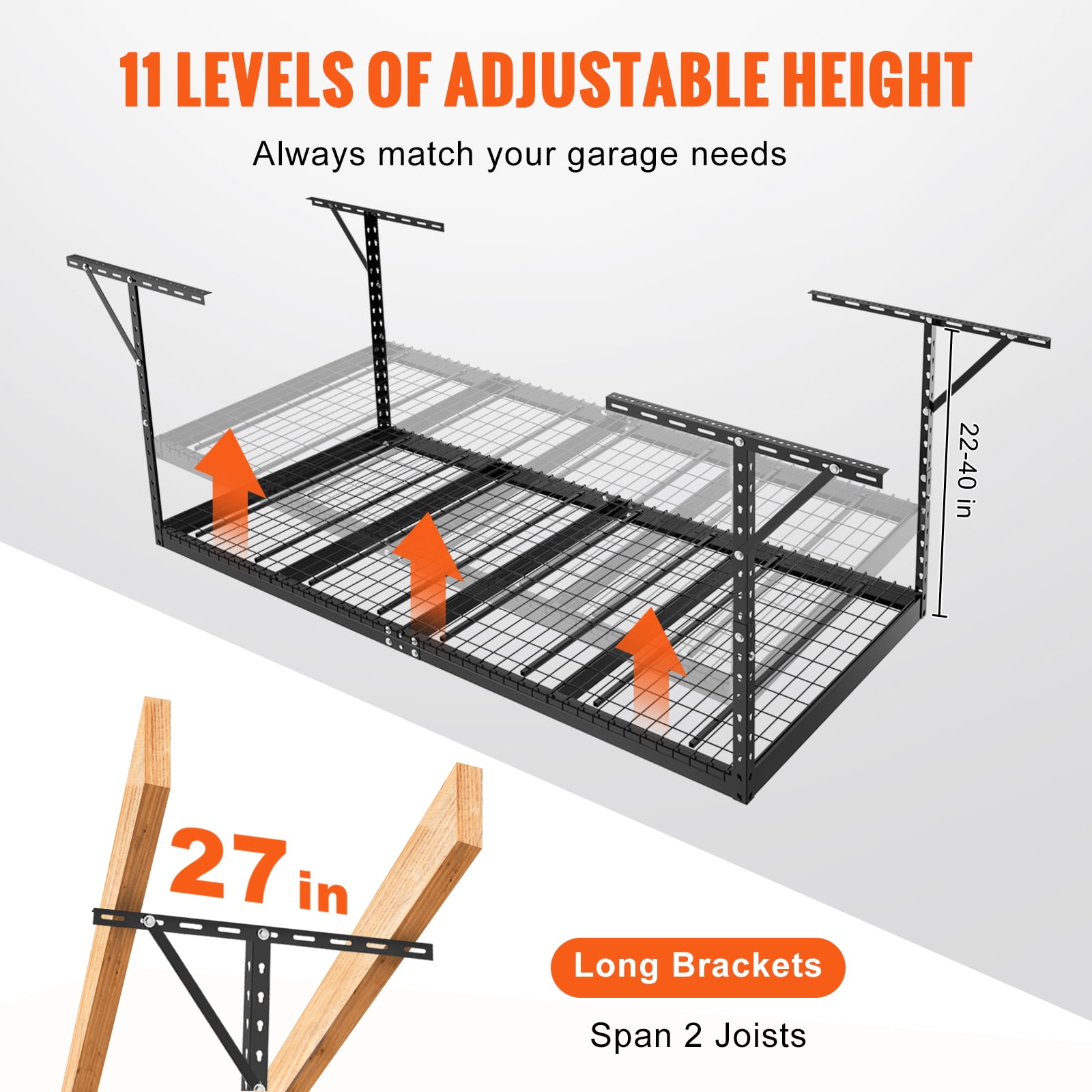 KFFKFF Overhead Adjustable Garage Storage Rack 48x96" Ceiling Rack 600 lbs Black