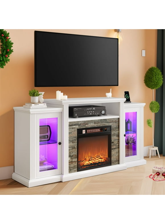 Dextrus LED Fireplace TV Stand for TVs up to 70 inch, Entertainment Center w/18" Fireplace Media Console w/Power Outlets, White