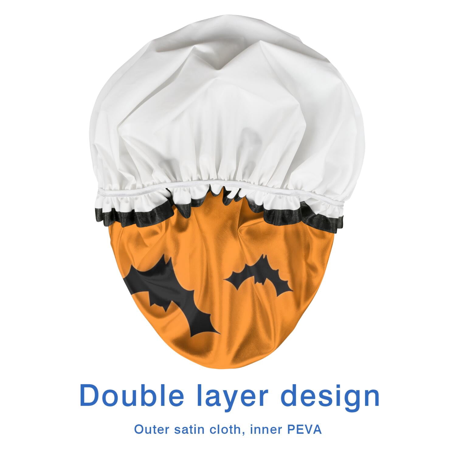 Shower Caps,Orange Halloween Bats Waterproof Shower Cap for Women 4 Pieces,Double Reusable Hair Cover for Shower PEVA Elastic Stretch Hem