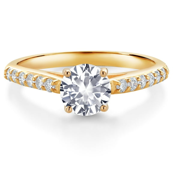 Gem Stone King 10K Yellow Gold White Created Sapphire and Lab Grown Diamond Engagement Ring for Women (1.18 Cttw, Gemstone September Birthstone, Round 6MM, Size 7)