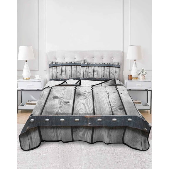 Quilts Twin Size, Grey Wood Grain Soft Comforter Bedding Set for Bed, Country Vintage Barn Door Rustic Lodge Lightweight Quilted Bedspread with Pillow Cover(2 Pieces) for All Season, 68x86 Inch