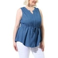 thumbnail image 2 of Women's Plus Size Shirts Denim V Neck Drawstring Waist Sleeveless Chambray Tops Blue 4X, 2 of 7