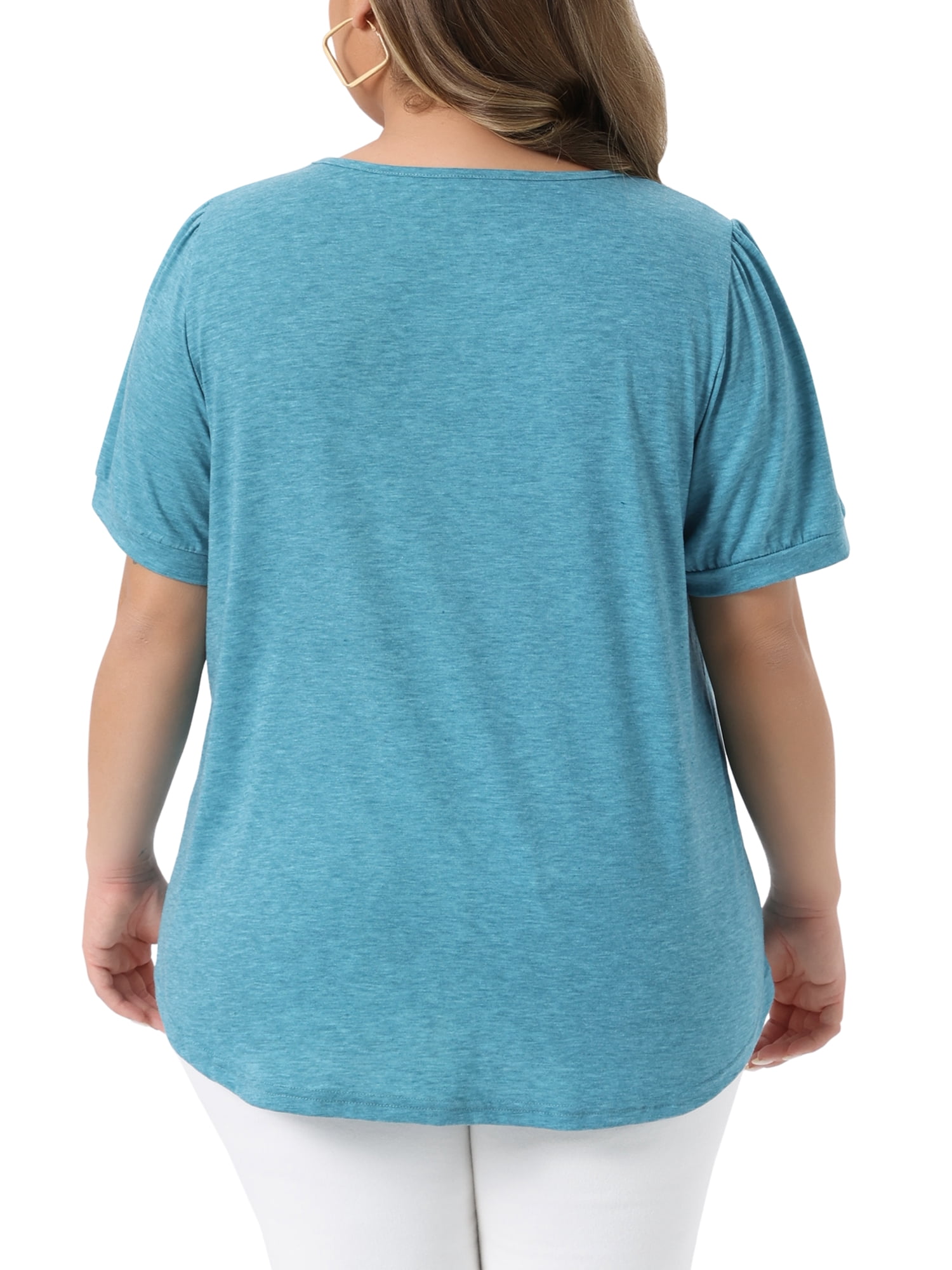 Women's Plus Short Sleeve Crew Neck Pleated Casual Tunic Blouse 4X Lake Blue