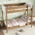 thumbnail image 2 of Twin Over Twin Bunk Bed, Upholstered Bunk Bed Frame with Ladder, Safety Guardrails, Rubber Wooden, Teddy Fleece Fabric Headboard and Footboard, Natural, 2 of 7