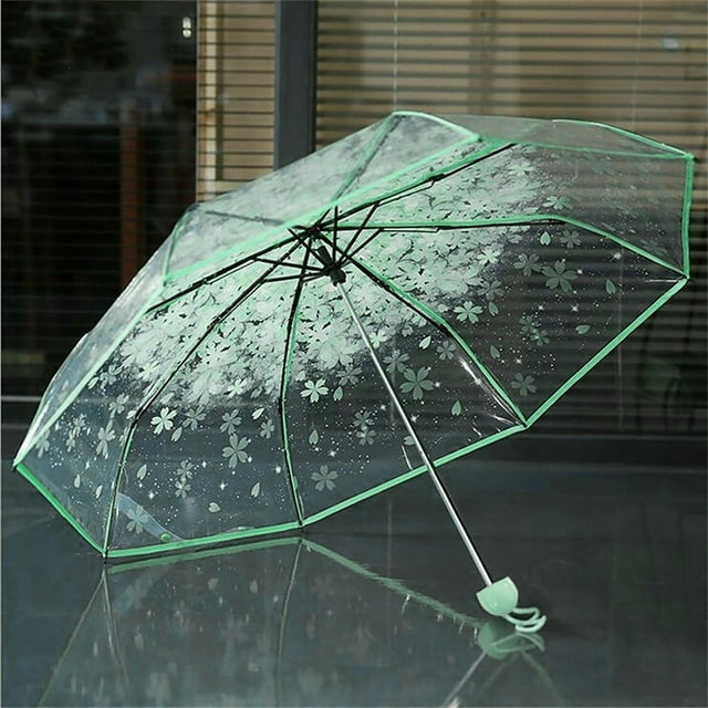 FASIAOU Cherry blossom transparent umbrella Totes Clear Canopy Manual Open Foldable Umbrella Green