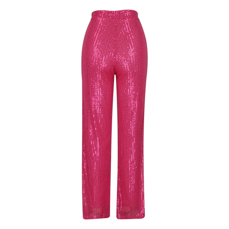 Miluxas Sequin Pants Clearance Women 2023 Sparkle Wide Leg Flare Elastic High  Waist Disco Glitter Pants Hot Pink 8(L) 