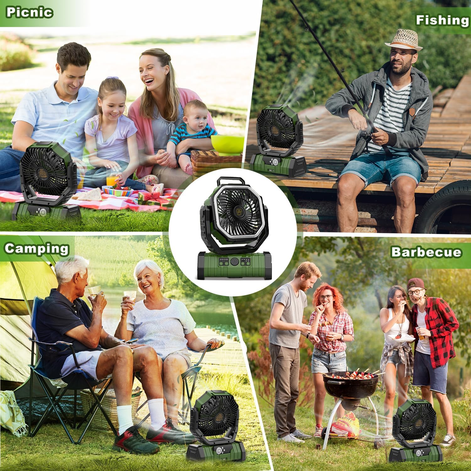 Camping Fan Rechargeable, F6 20000mAh Portable Outdoor Fan with LED Lantern, Cordless Battery Powered Operated , 360 °   Hanging Hook , 4 Speeds Desk Fan for Travel , Tent , Fishing , Beach (Green)