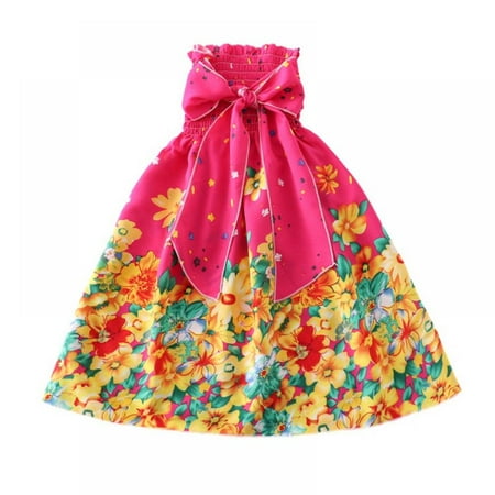 

BULLPIANO 2-12 Years Girls Dress Summer Casual Boho Dress Floral Print Strapless High Waist Beach Dress