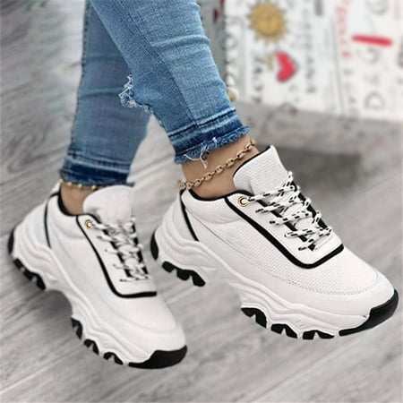 

XIAQUJ Ladies Fashion Mesh Leather Panel Lace up Thick Sole Comfortable Casual Sports Shoes Women s Fashion Sneakers White 6.5(37)