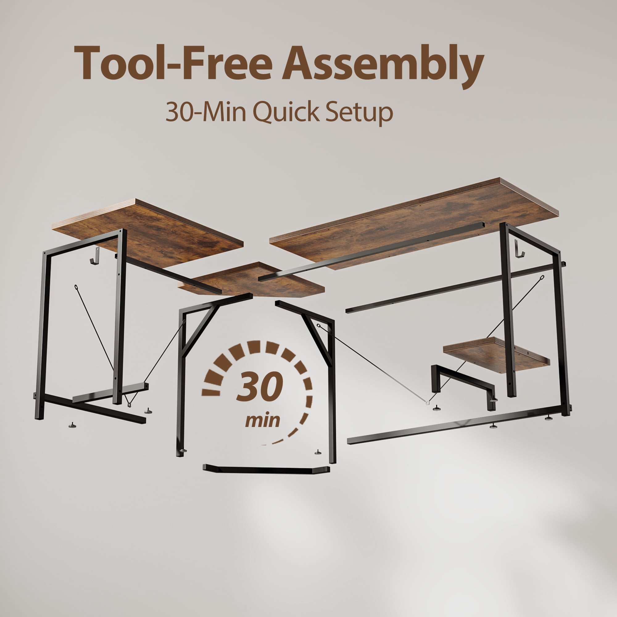 66.93 Inch L-Shaped Desk for Home Office, Corner Computer Desk for Workstations, Gaming Desk with Tower Shelf and Hooks,Rustic Brown