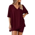 thumbnail image 3 of GILIGEGE Women 2 Piece Lounge Set V Neck T-Shirts Tops Solid Color Set Workout Casual Side Split Matching Tracksuit Casual Oversized Shirts Biker Shorts Matching Airport Travel Outfit Clothes Wine, 3 of 6
