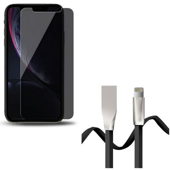 iPhone XS/X - Tempered Glass Privacy Screen Protector w 6ft USB Cable - Curved Anti-Spy Anti-Peep 3D Edge Case Friendly, Flat Charger Cord Power Wire Sync Zinc Alloy