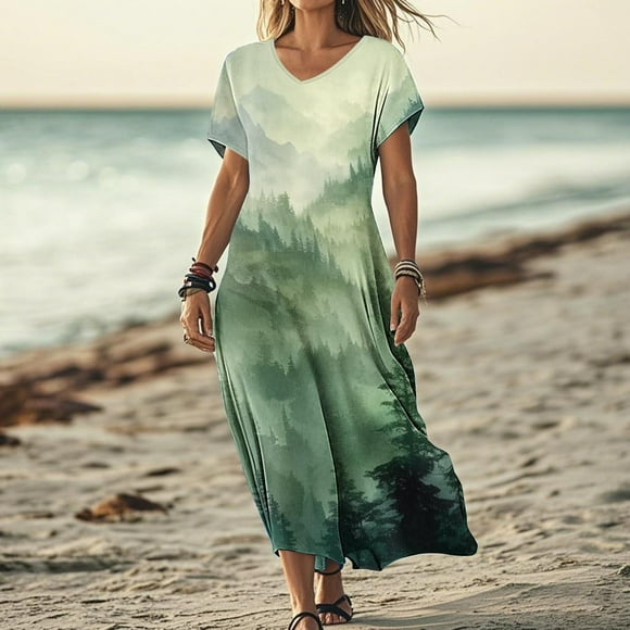 Pisexur Robes Maxi pour Femmes Classiques à Col en V à Manches Courtes Robe Évasée Mode Boho Robes d'Été pour Femmes Décontractées Robes Trapèze pour Femmes Robes de Fête pour Femmes avec Poches P-2TG Vert