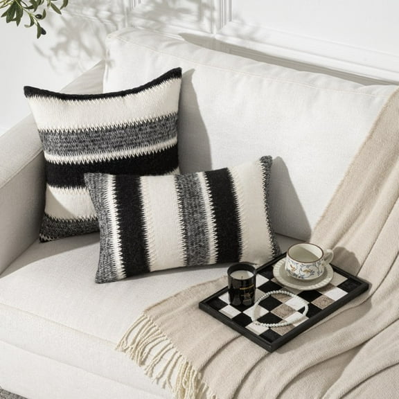 MAGOLIFE Indoor 12x20 In Black&White&Gray Soft Horiz Stripes Wool Farmhouse Decorative Throw Pillow Cover Boho Accent Neutral Textured Cushion Pillow Case for Living Room Couch Bed Sofa Home