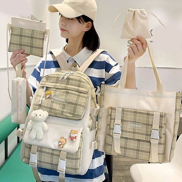 Bolsa Conjunto combinado de mochila informal a cuadros, 5 uds., insignia colgante, mochilas escolares de lona (caqui) Ehuebsd Para Estrenar