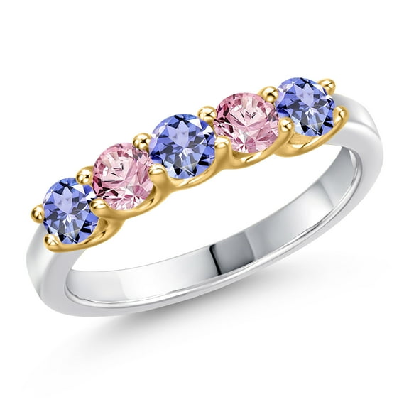 Gem Stone King 10K Two Tone Gold Blue Tanzanite and Pink Lab Grown Diamond Wedding-Bands Ring for Women | 0.90 Cttw | Round 3.5MM | Gemstone December Birthstone | Size 6
