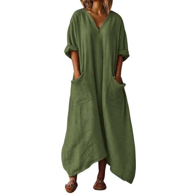 Vestido Casual de Mujer Suelto Cuello en V Manga de Tres Cuartos con Bolsillos Y Borde Irregular Vestido de Lino Mujeres