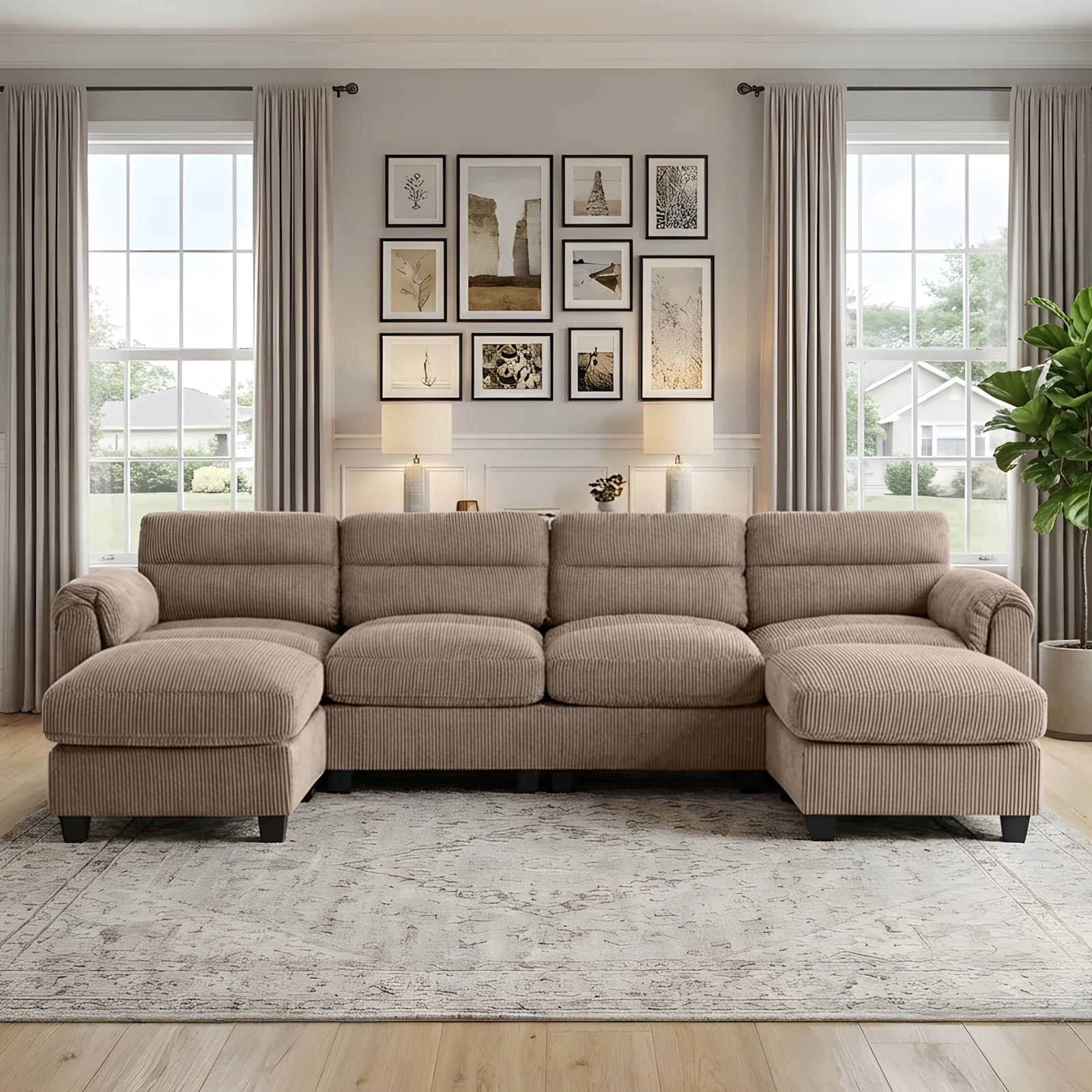 Bonzy Home Modular Sectional Sofa Couches for Living Room U-Shaped Sofa with Ottoman Brown