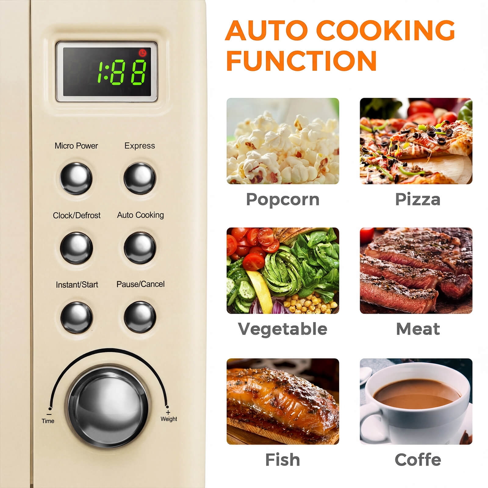 Costway 0.7 Cu.ft Retro Countertop Microwave Oven 700W LED Display Glass Turntable Off-White
